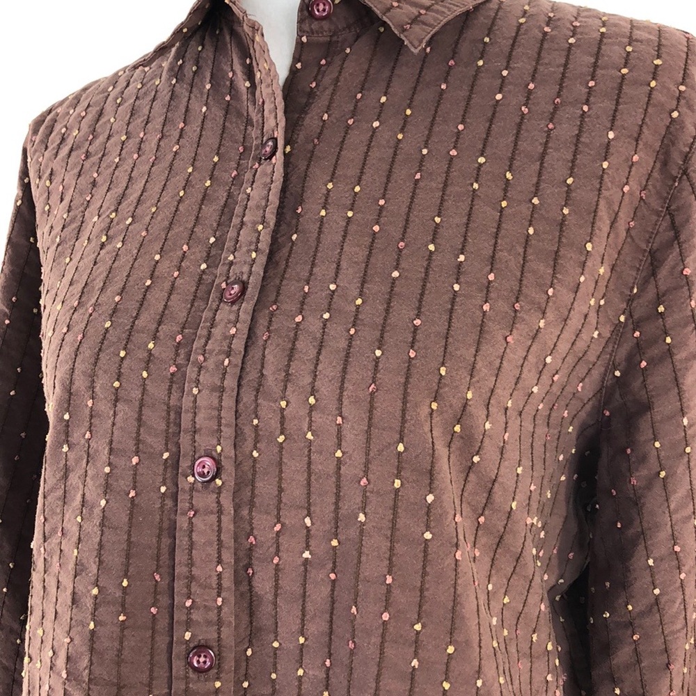 Foxcroft Brown Print Button Front Long Sleeve Top - image 2